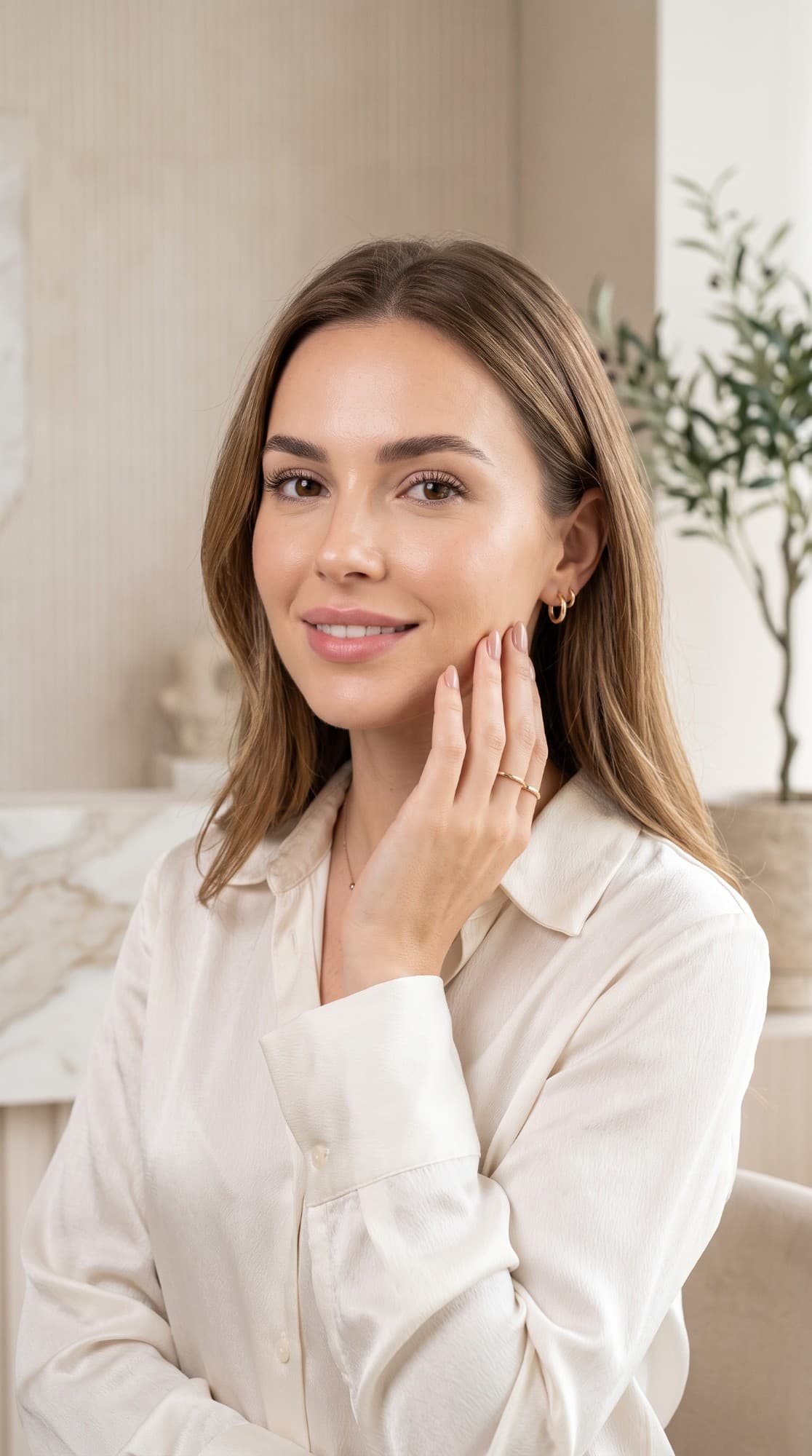 Mulher sorrindo com a mão no rosto, pele natural e luminosa, em ambiente claro da clínica